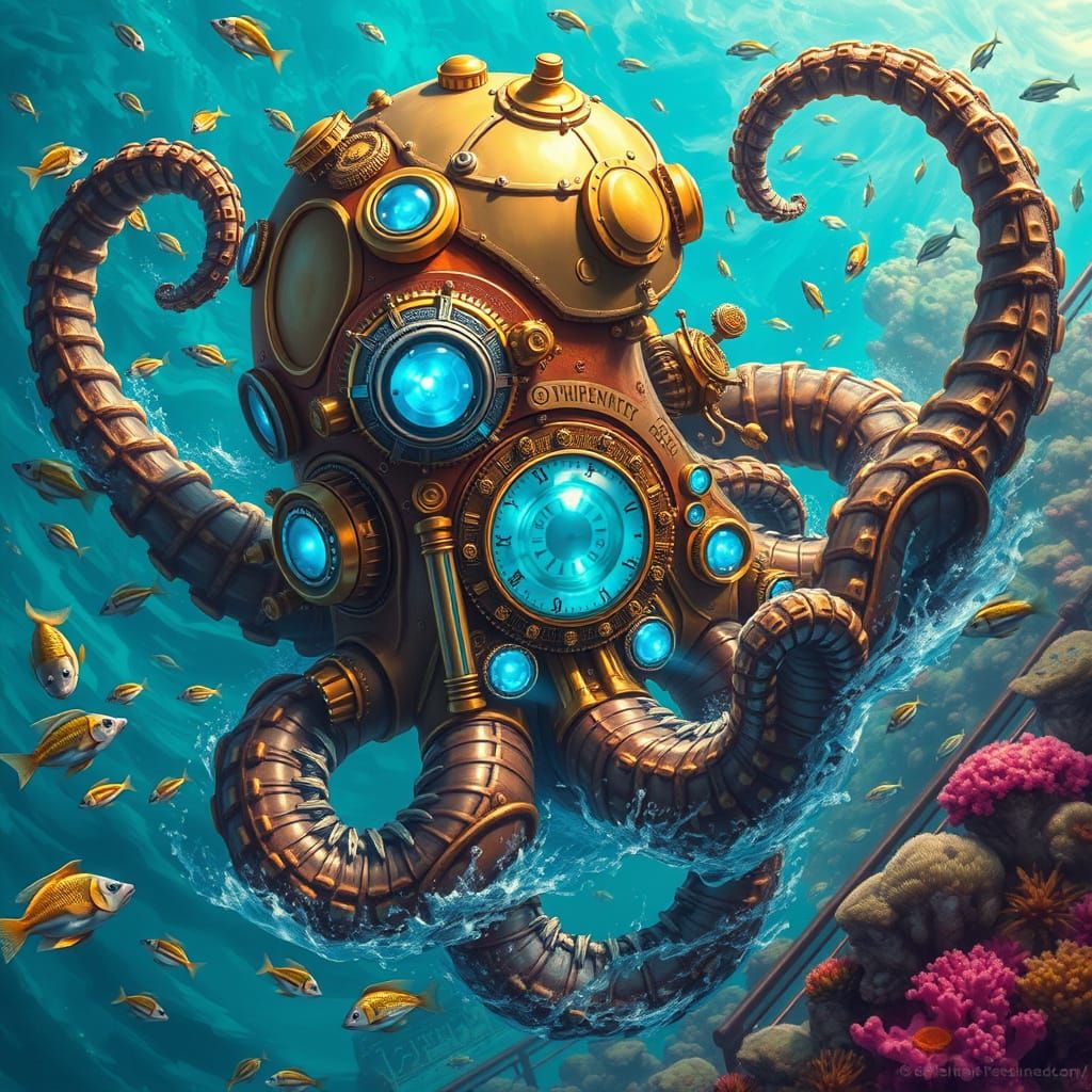 Clockwork Kraken Emerges from Bioluminescent Ocean