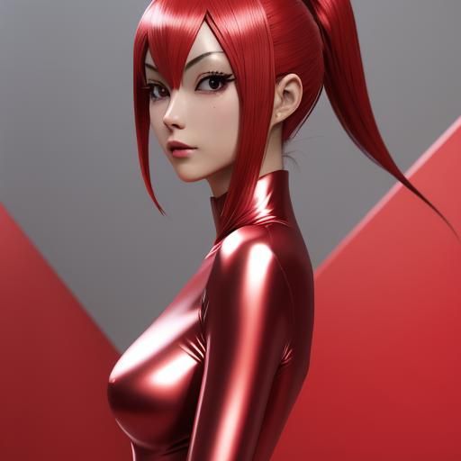 Metallic Red Zentai Woman in Anime Style