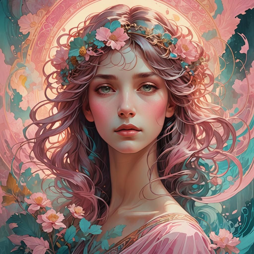 Pink Dreamscape Portrait in Art Nouveau Style