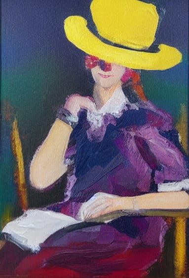 Woman in Hat Settles into Elegant Armchair