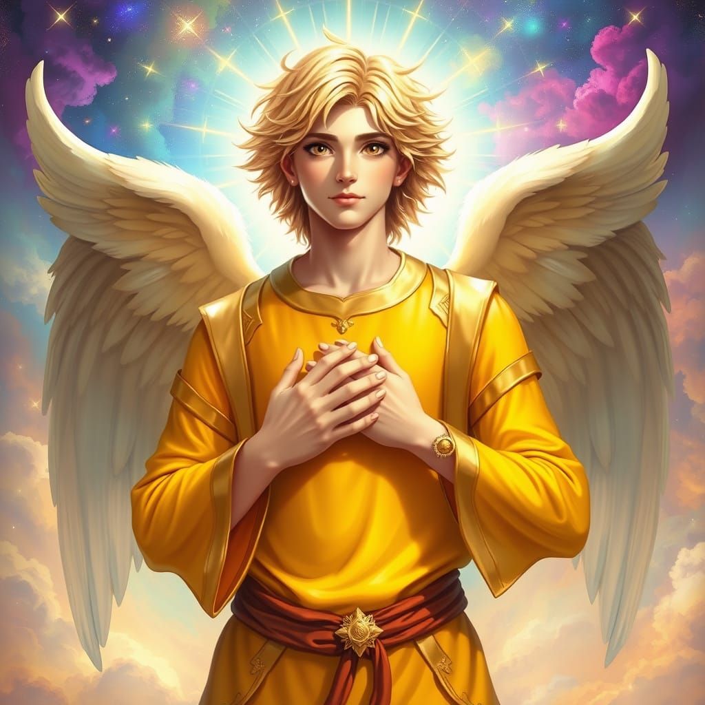 Blond Angel Transmitting Kindness on Celestial Background