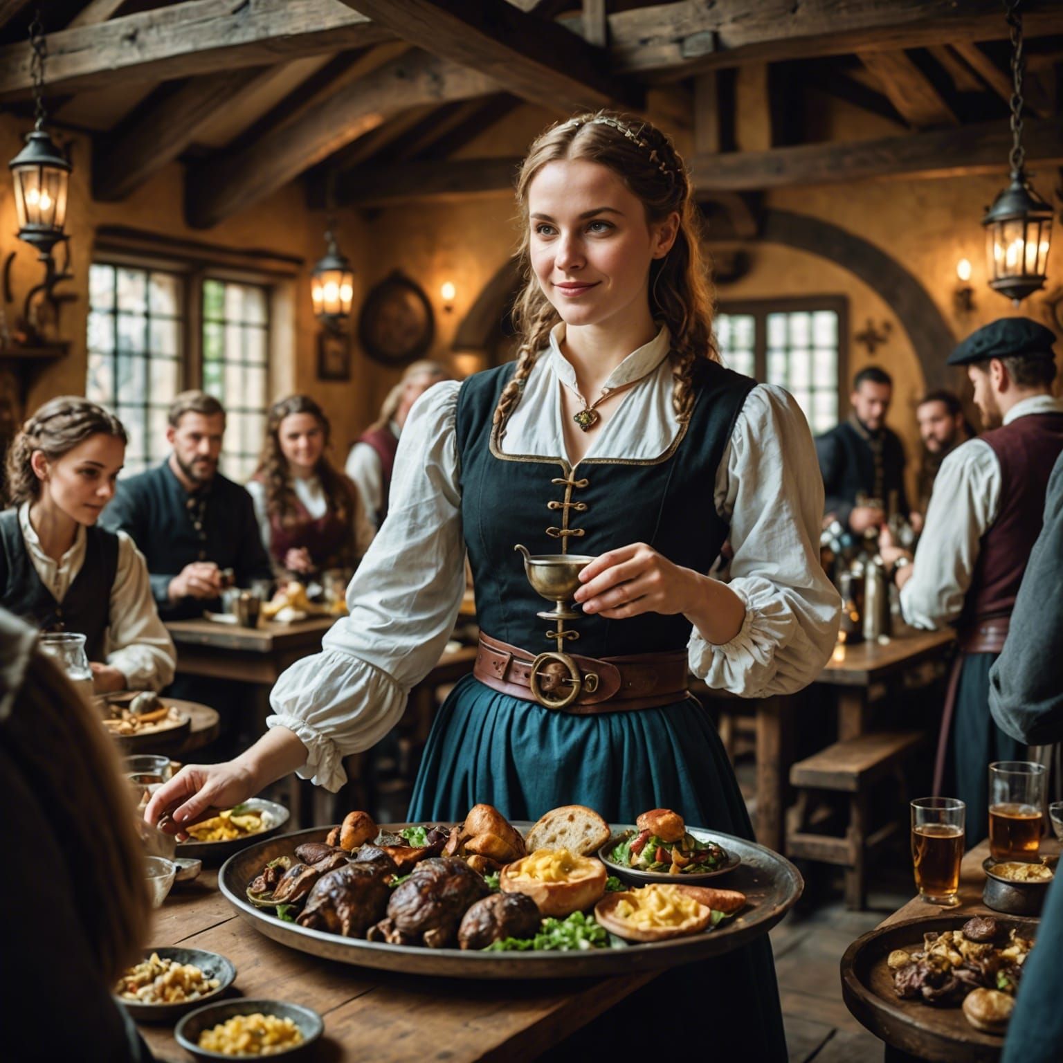 Medieval Tavern Scene with Alchemist Waitress