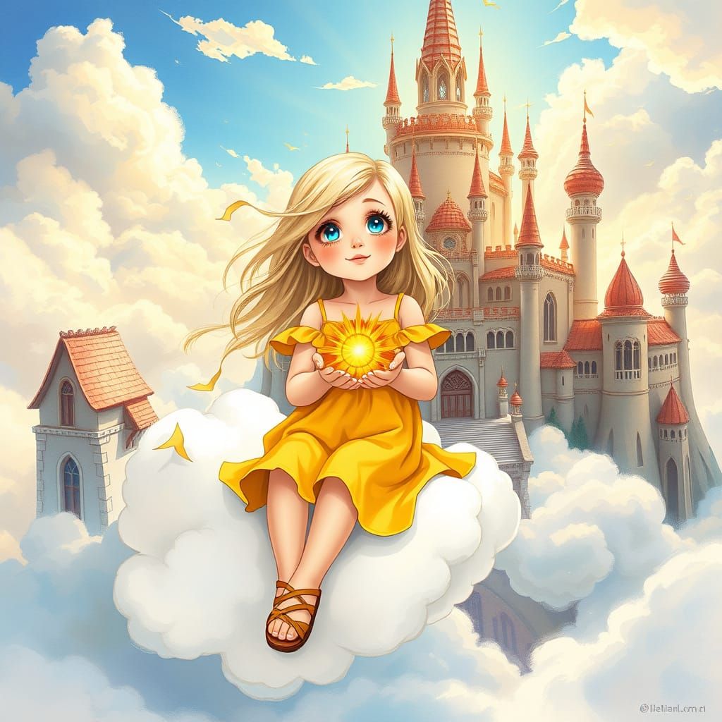 Whimsical Cloud Princess in a Vibrant, Multicolored Castle
