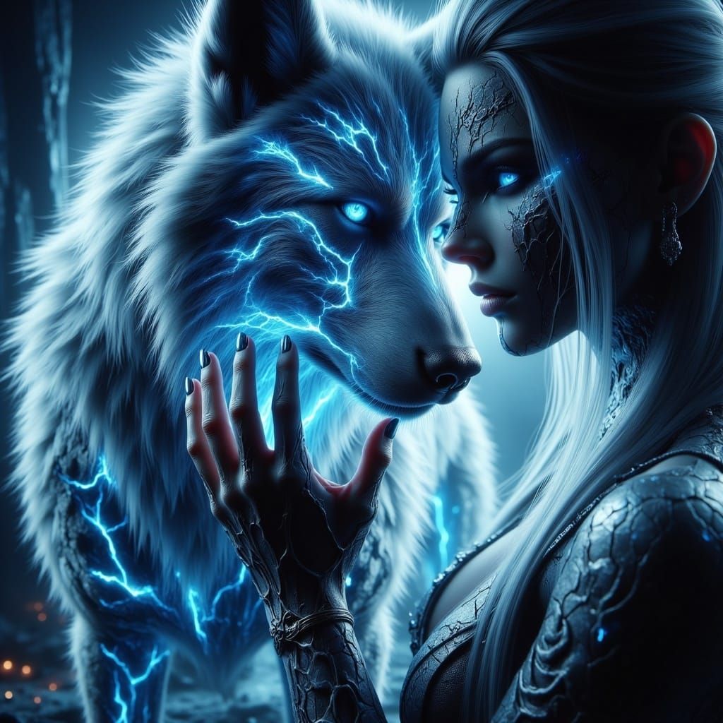 Viking Shieldmaiden and Luminous Wolf Portrait