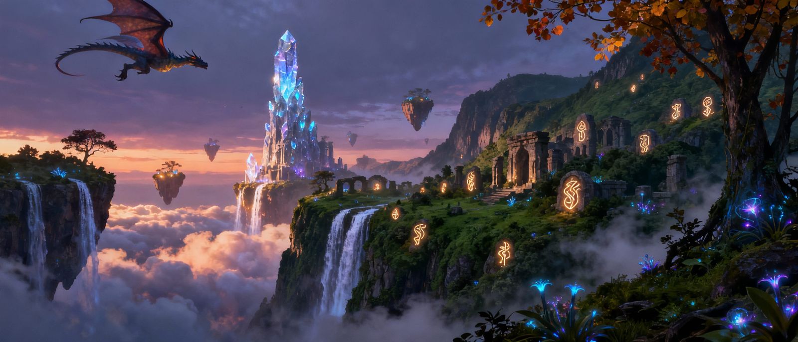 Epic Fantasy Realm with Floating Islands and Crystal Tower