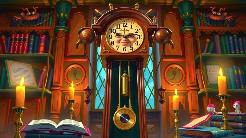Whimsical Steampunk Grandfather Clock in Candlelit Study