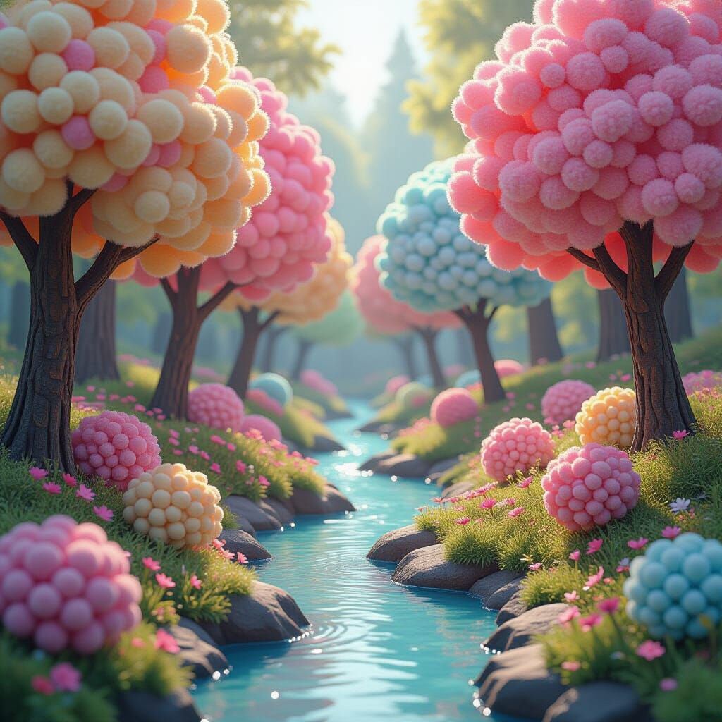 Photorealistic Pom Pom Forest with Candy Bushes
