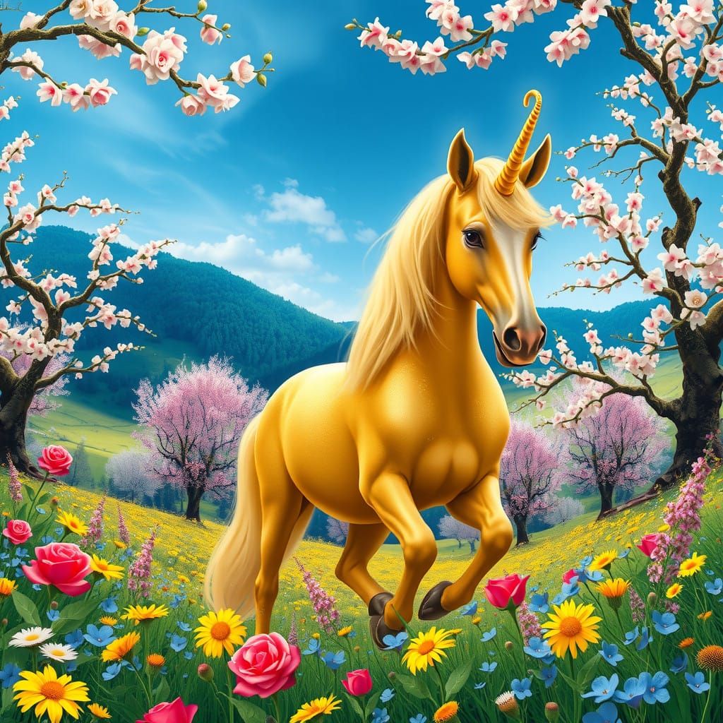 Majestic Golden Unicorn in Whimsical Valley