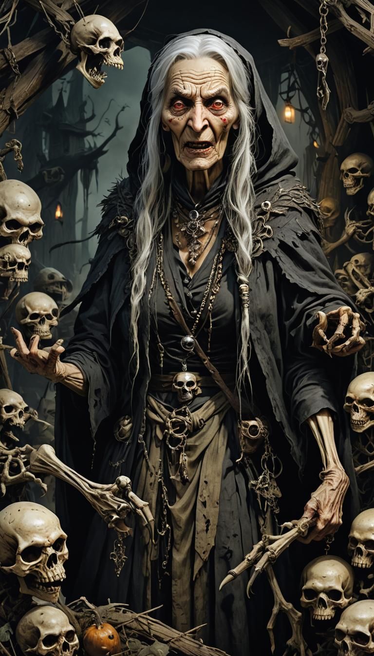 Creepy Baba Yaga Brews a Spell in Her Hut