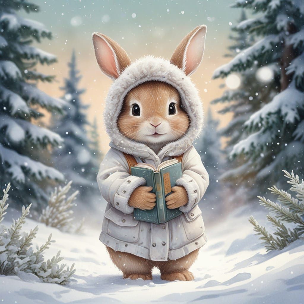 Whimsical Watercolor Winter Scene with Bunny and Books