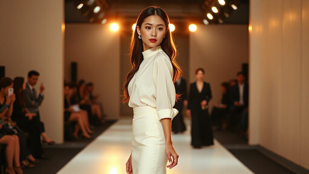 Elegant Korean Model Struts Fashion Show Runway in Sophistic...