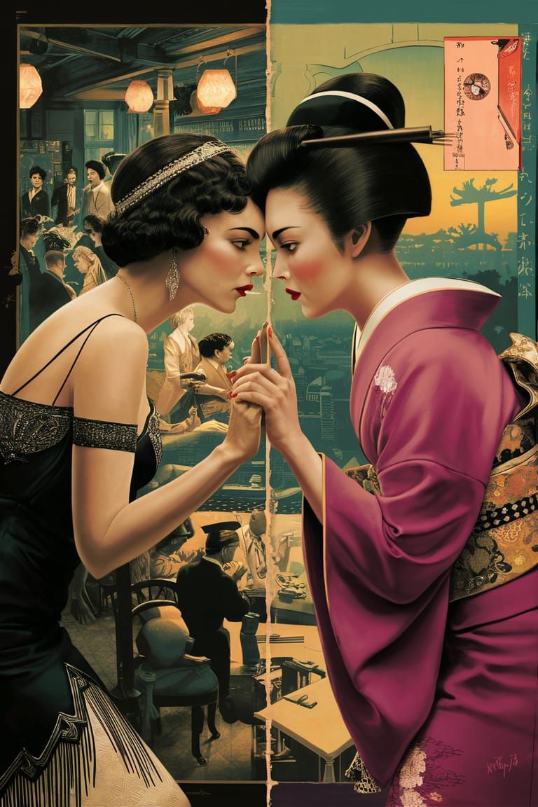 16k resolution, art by Syd Mead, Claude Monet, Hasui Kawase, Gustav Klimt, lesbian crime noir pulp fiction, two women le...