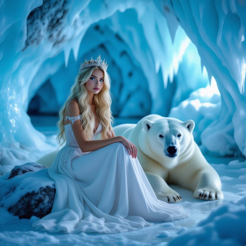 Ice Cave Woman with Polar Bear in Digital Art Style