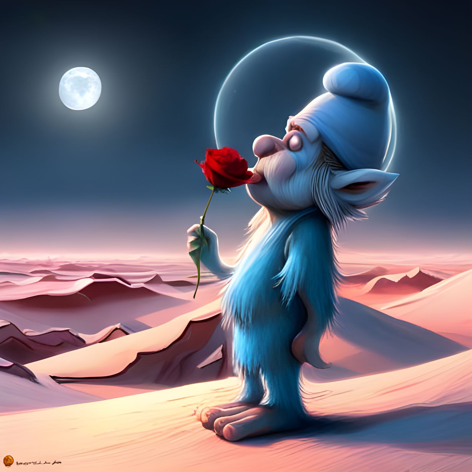 Smurf in Arid Landscape with Rose, 3D Render