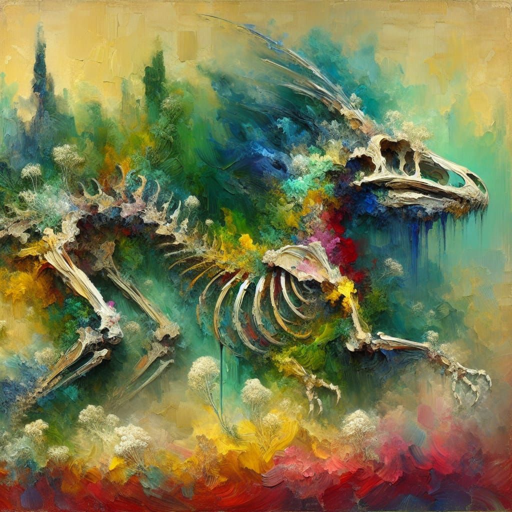 Vibrant Dreamscapes: Romantic Dragon Skeleton in Emerald Mos...