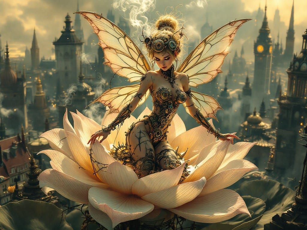 Steampunk Fairy with Clockwork Wings over Victorian City