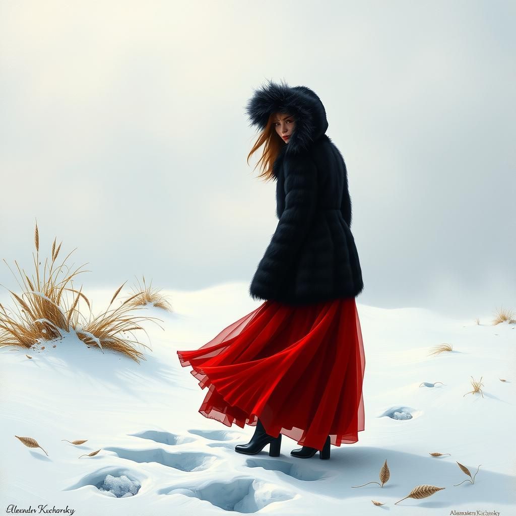 Woman in Fur Coat in Snowy Landscape