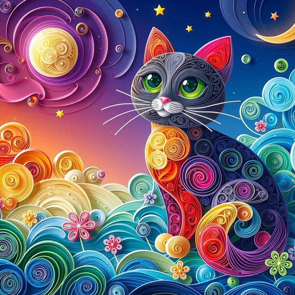 A whimsical cat illustration in digital quilling art style.