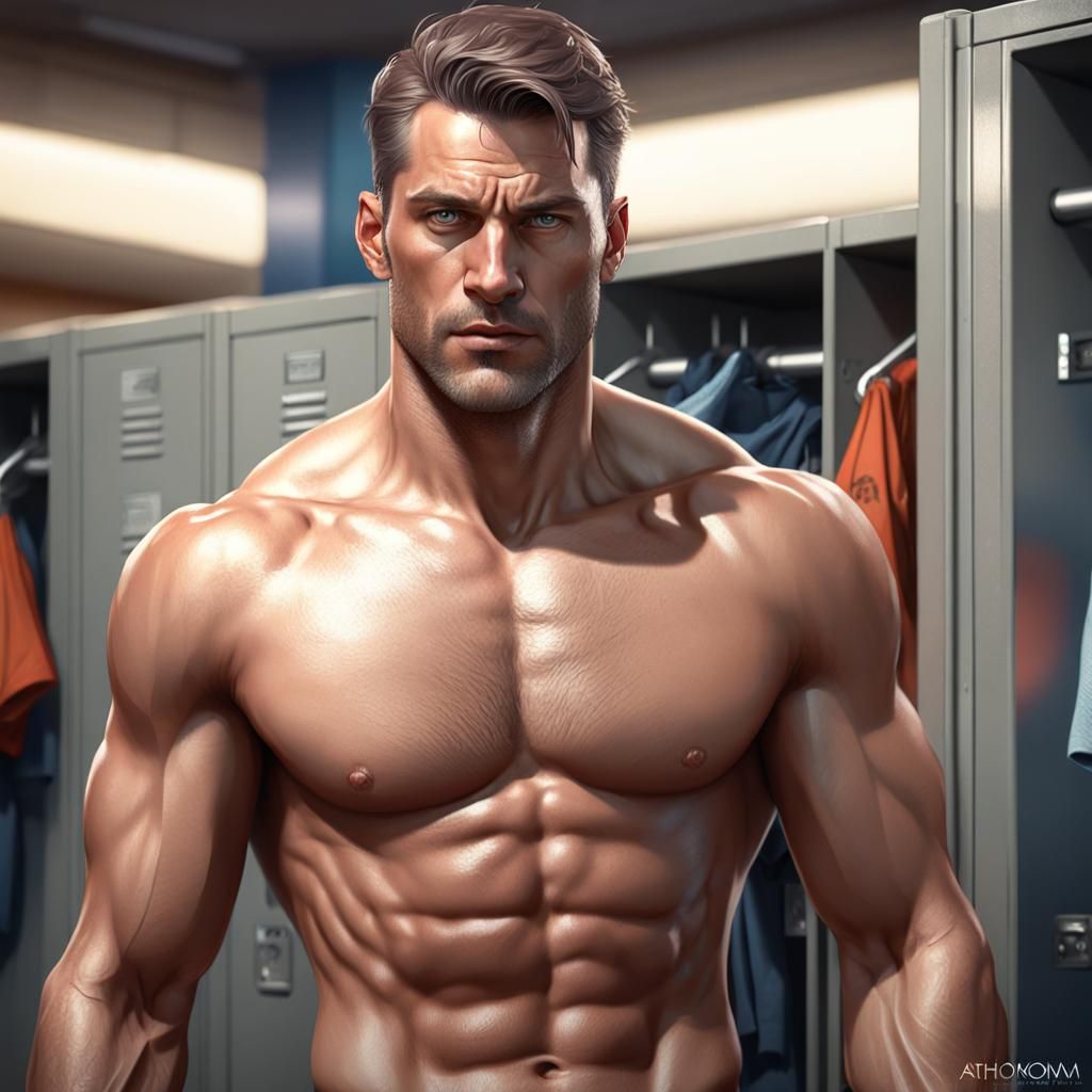 Handsome Shirtless Man Portrait in Locker Room