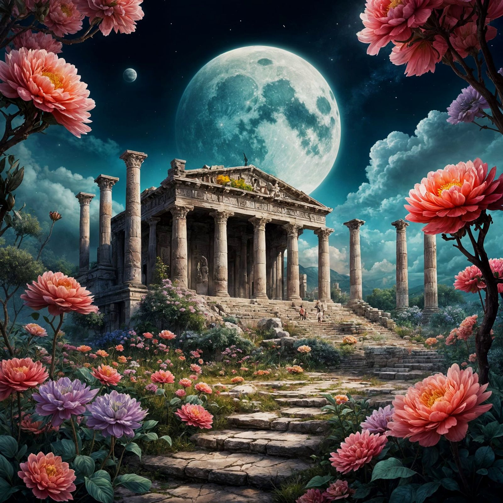 Temple of Artemis in Magical Floral Smoke Landscape