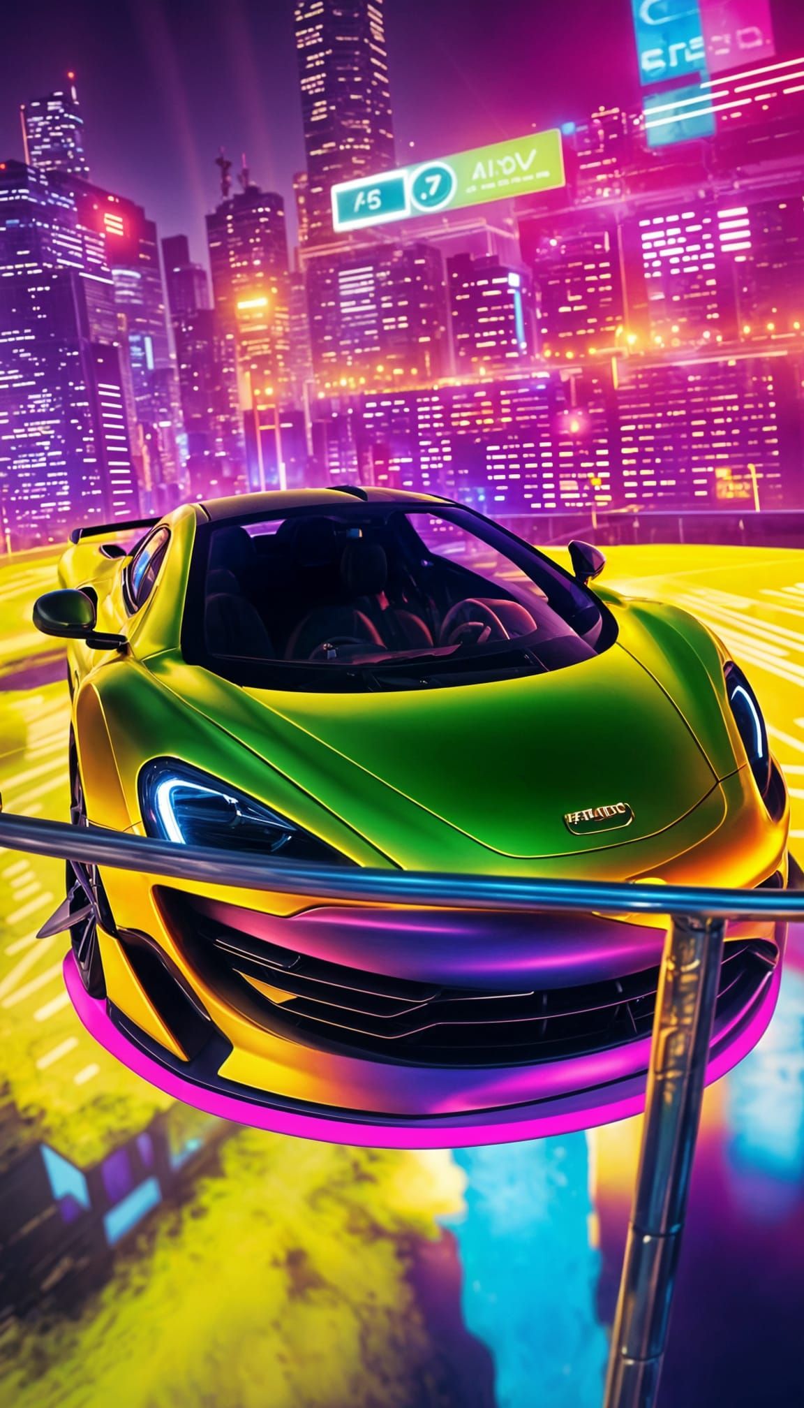Yellow McLaren in a Neon Cityscape