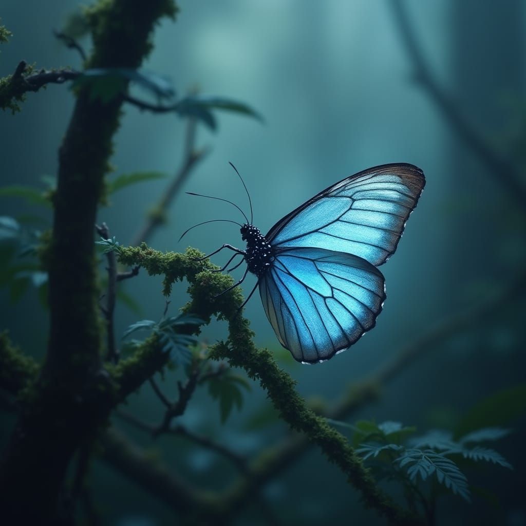 Ethereal Blue Butterfly in Bluish-Green Mist
