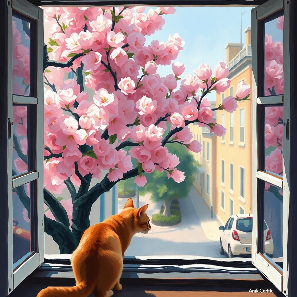 Cherry Blossom Window View: Impressionistic Style