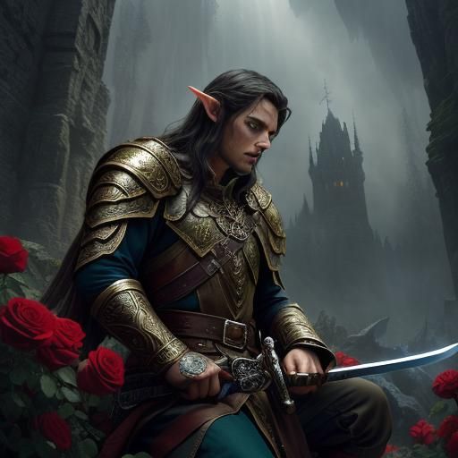 Elf Man with Sword and Roses: Cinematic Fantasy Art