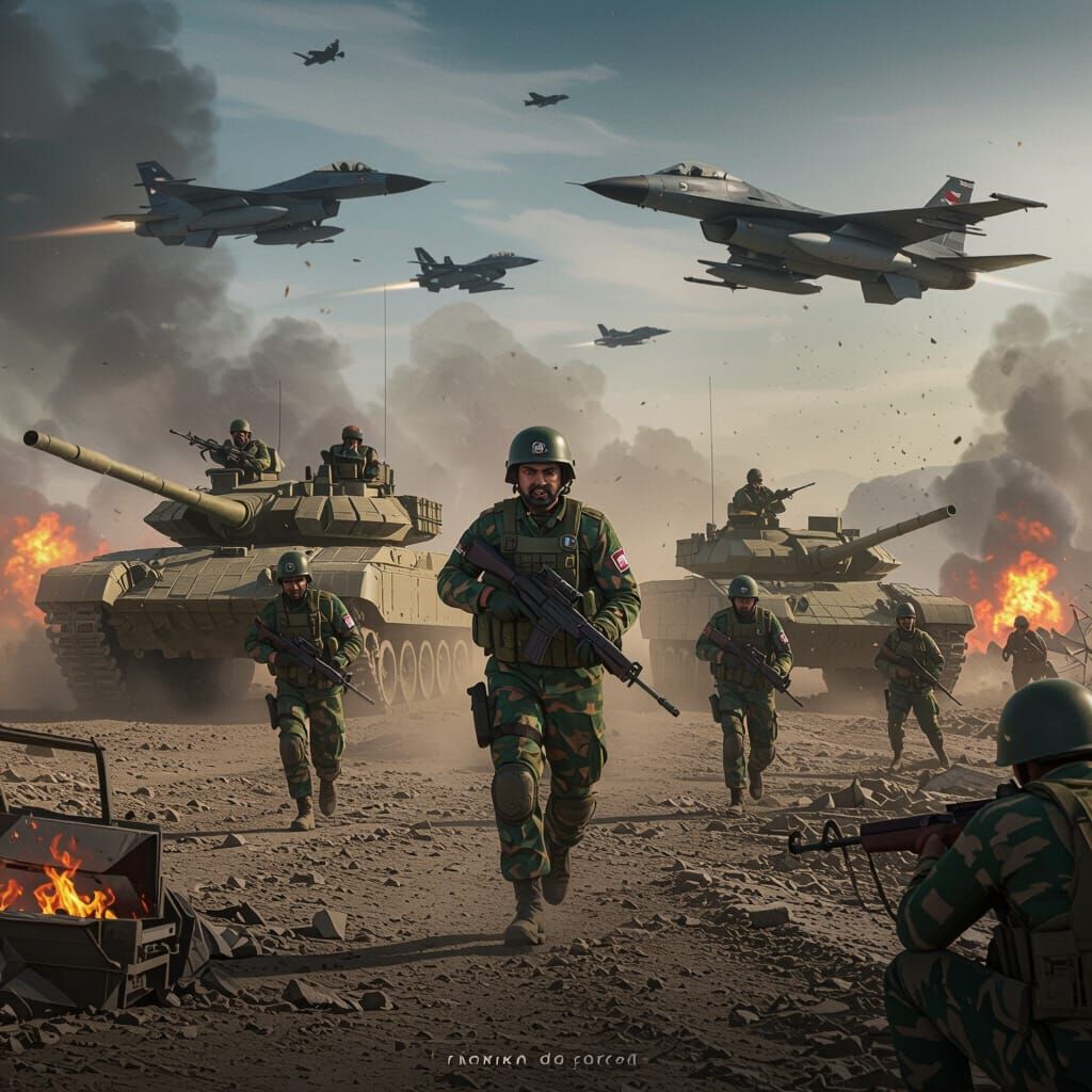 Intense Battlefield Scene of Advancing Troops in War