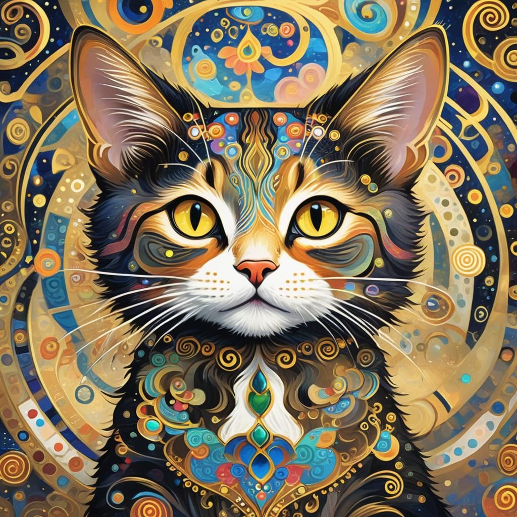 Psychedelic Cat Portrait with Gold Influences