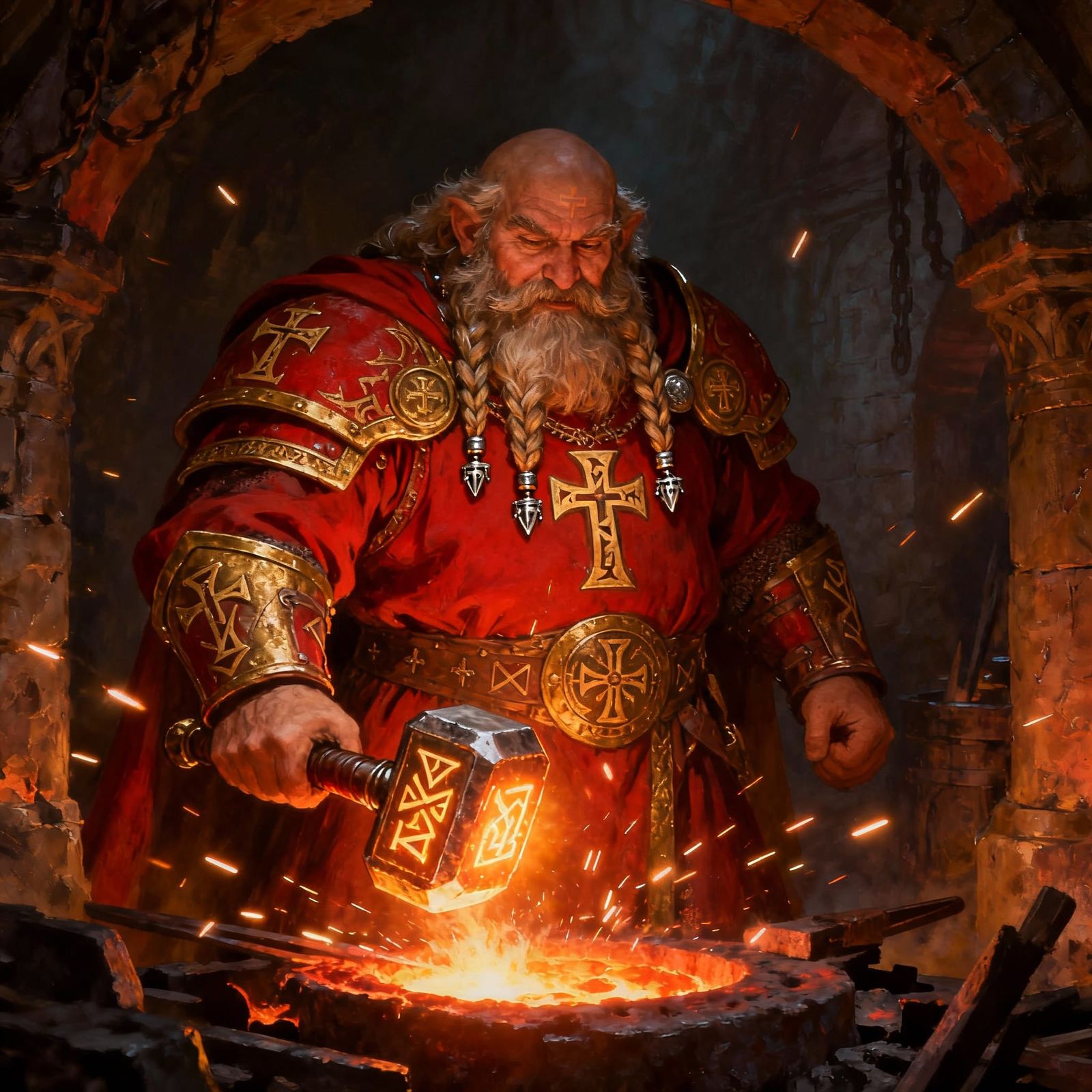 Dwarf Cleric in Crimson and Gold Armor with Rune Hammer