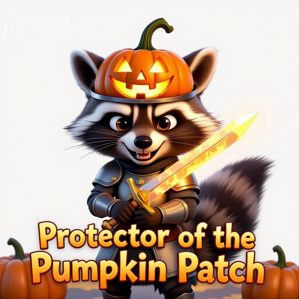 Disney-Pixar Style Raccoon Knight with Pumpkin Helmet