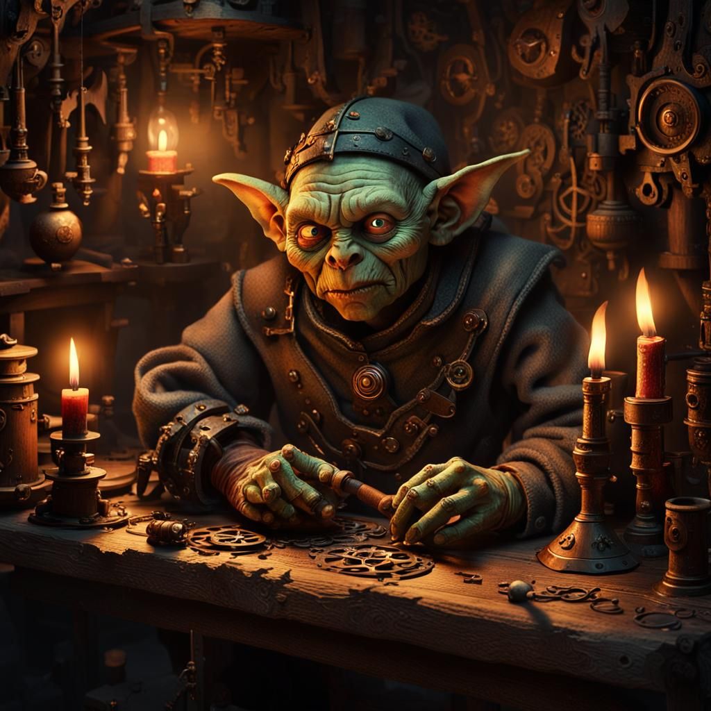 Goblin Artificer in Dimly Lit Workshop