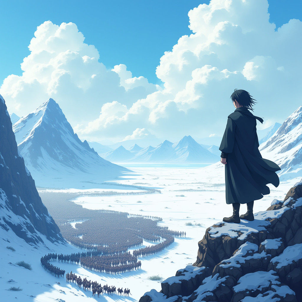 Lone Warrior Gazing at Approaching Army in Manga Style