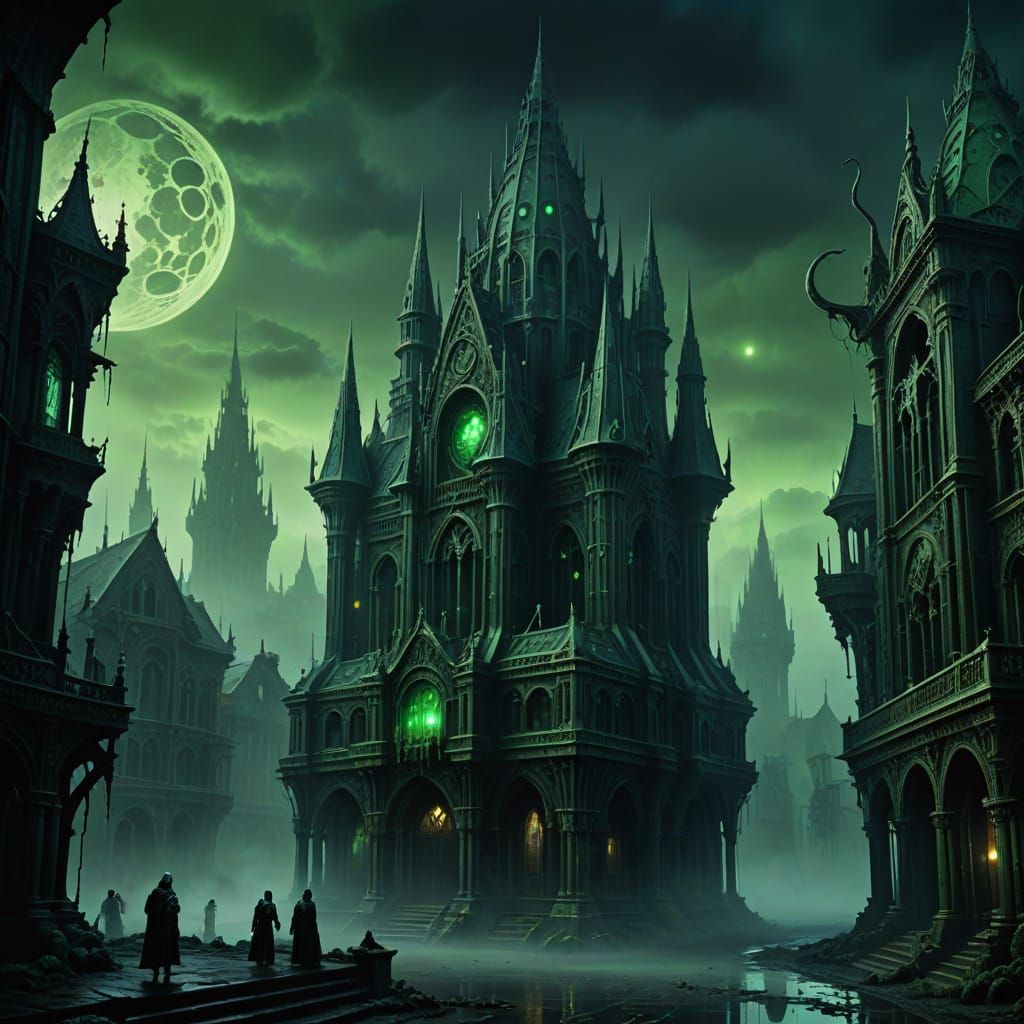 Gothic Cityscape at Twilight in Mist