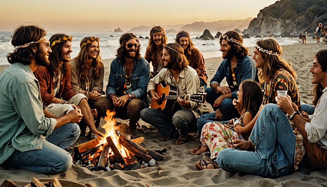 Hippies Gathering on a California Beach in the 60s