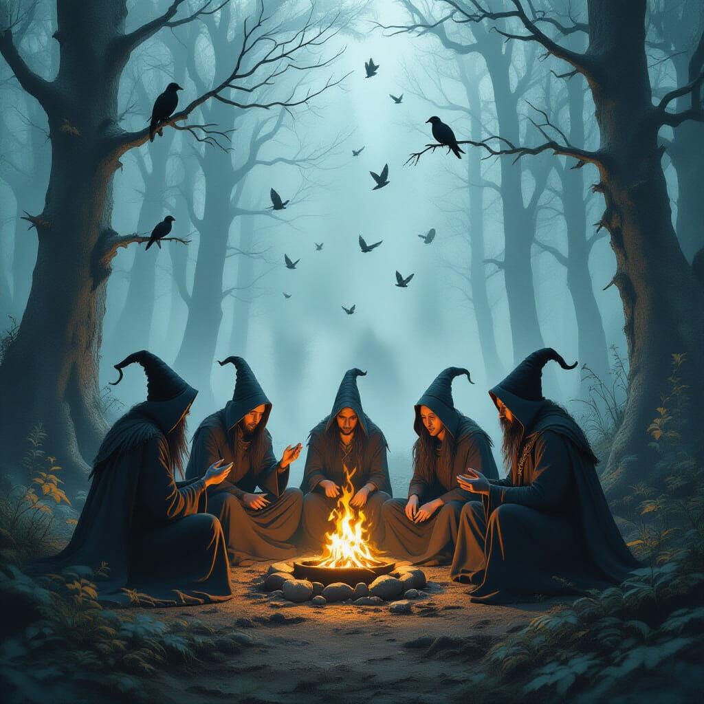 Witches Casting Spell in Haunted Forest