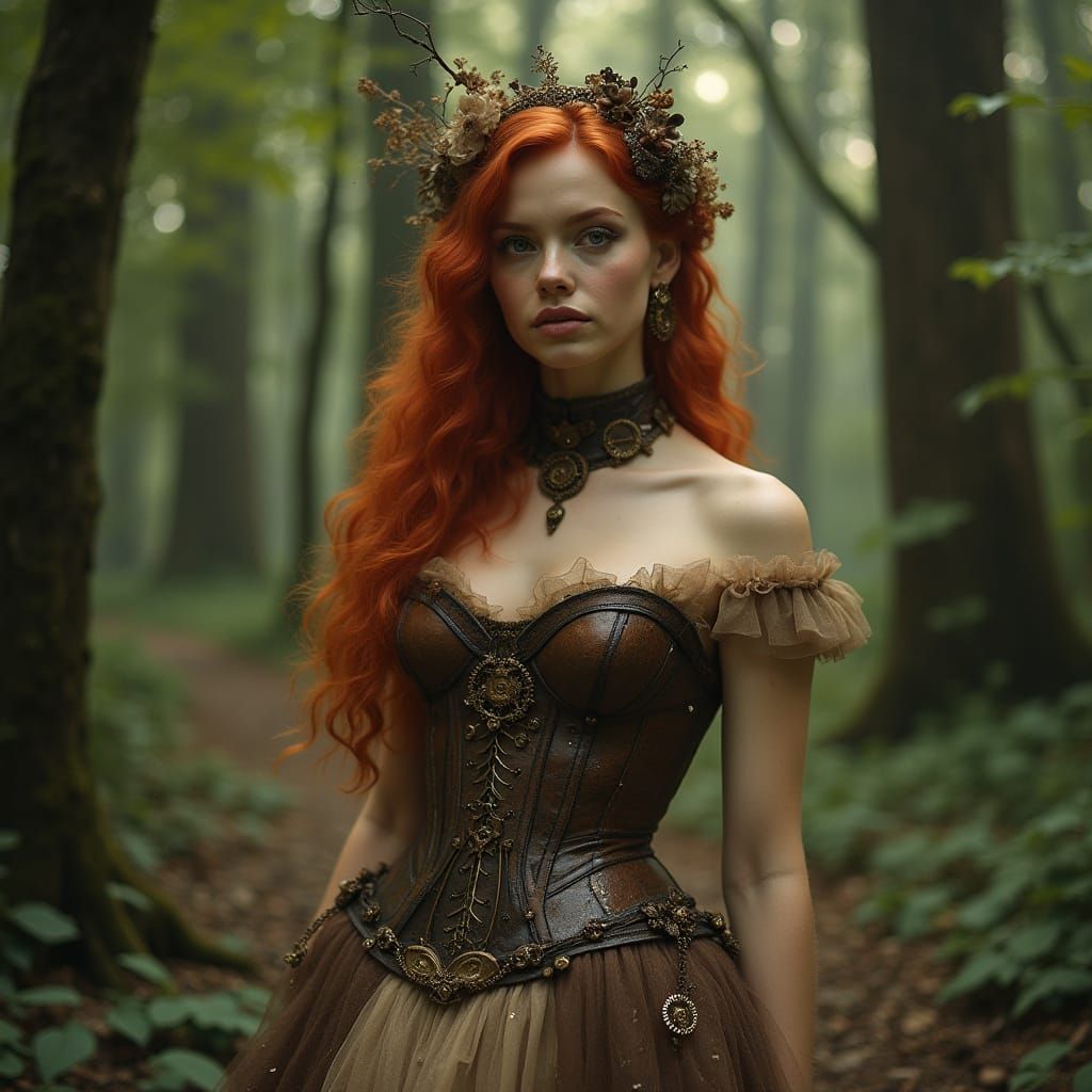 Steampunk Enchantress in Ancient Forest Grove
