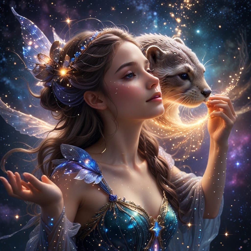 Celestial Fairy and Majestic Otter in Sparkling Cosmic Realm