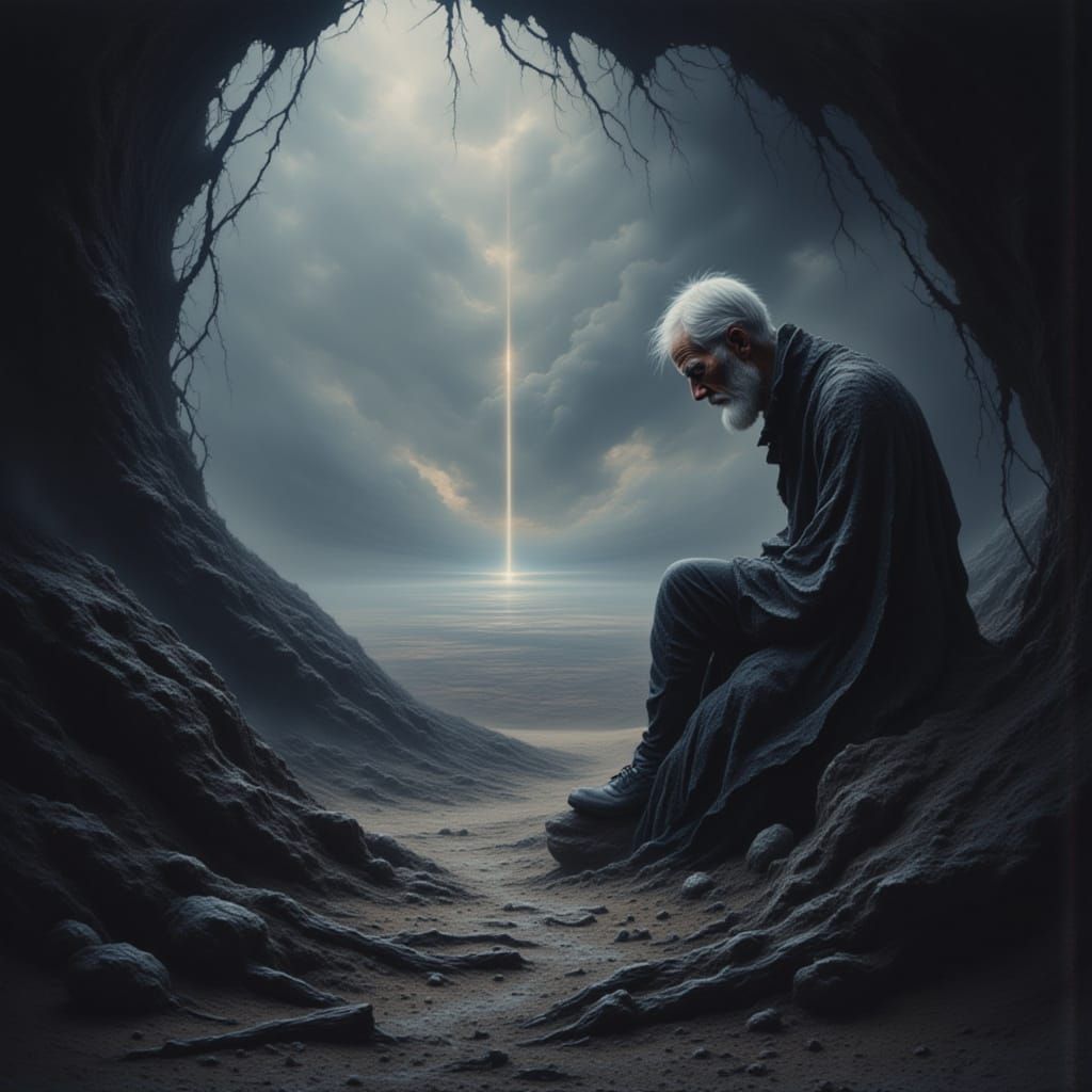 Old Man's Reflection in Stormy Sky, 3D Cinematic Style