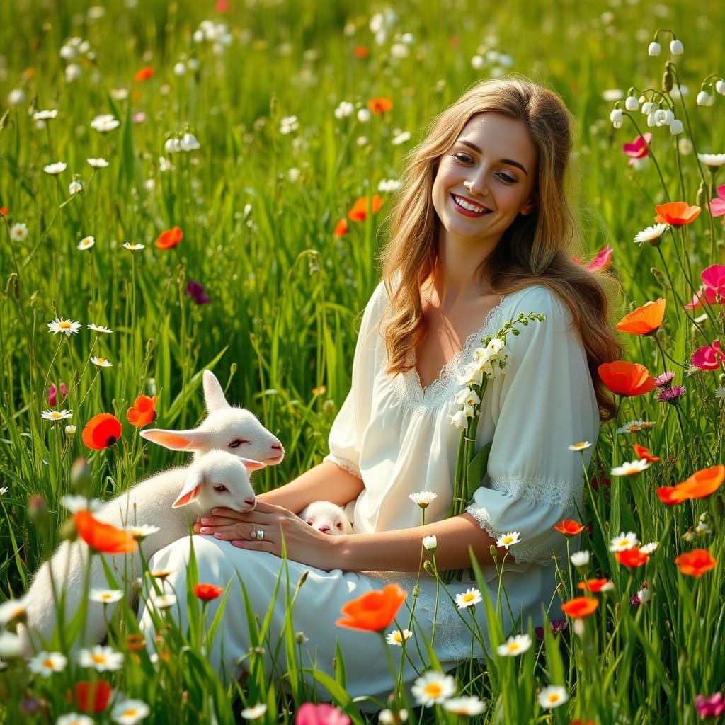 Serene Woman in Lush Meadow with Wildflowers and Animals
