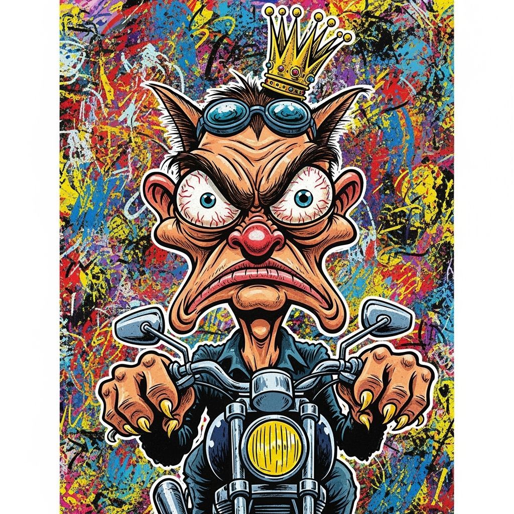 Grumpy Motorcyclist Caricature With Bulging Eyes and Tiny Cr...