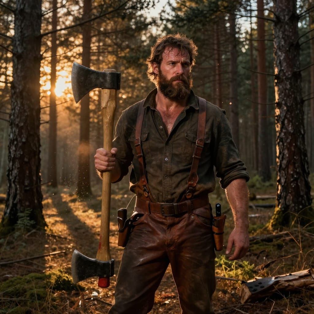 Masculine Lumberjack with Axe at Dusk