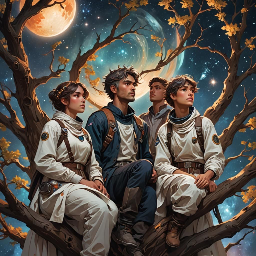 Four People Watch Starry Sky From Tree