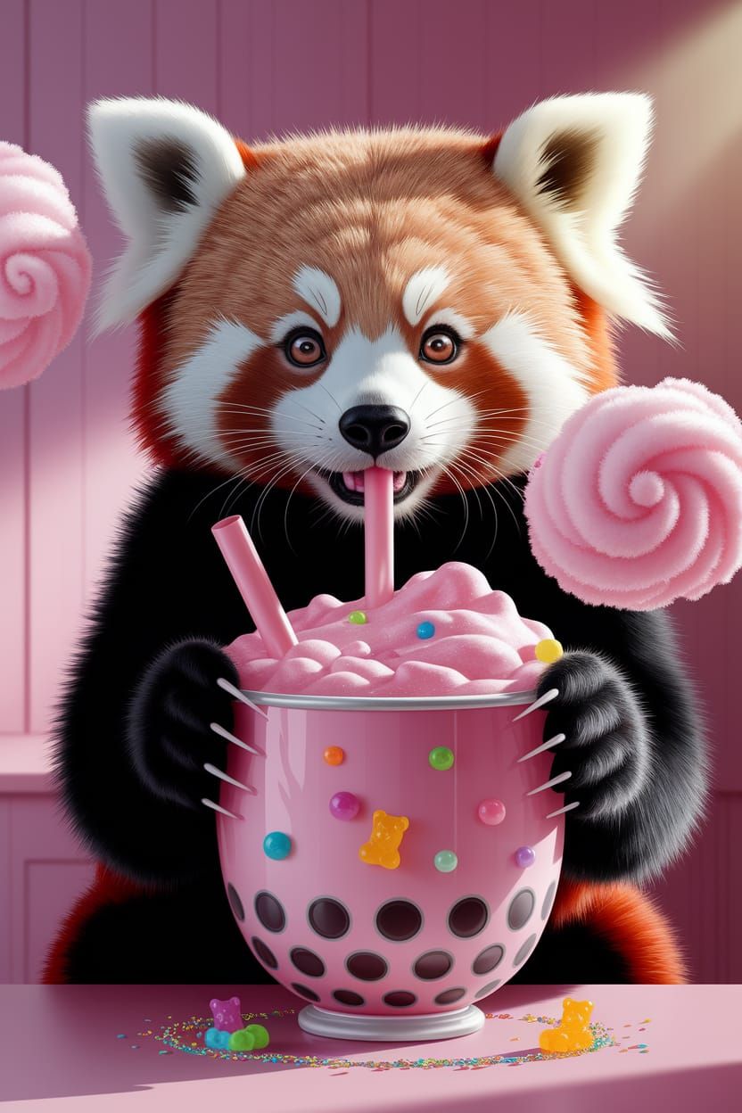 Red Panda's Delight: Bubble Tea and Candy Clouds