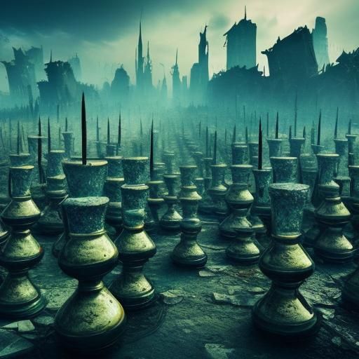 An army of hourglasses stretching to the horizon through a r...