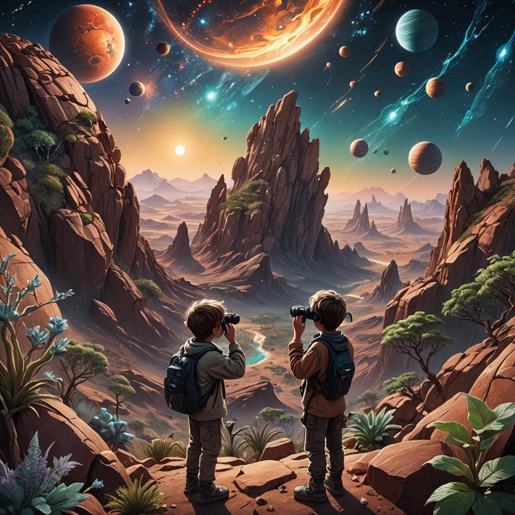 Boy Observes Cosmic Planets: Holographic Astral Illustration