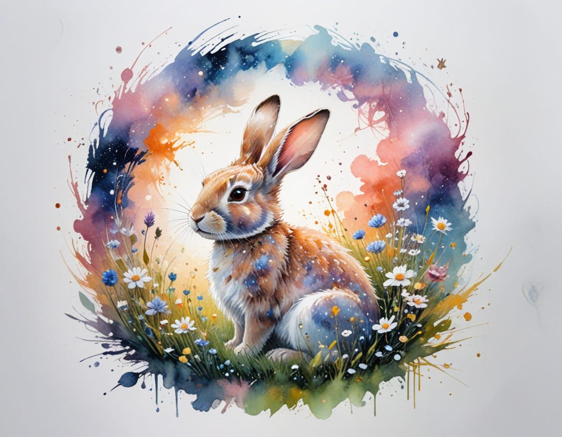 Celestial Rabbit Gazing at Cosmic Sky in Bioluminescent Mead...