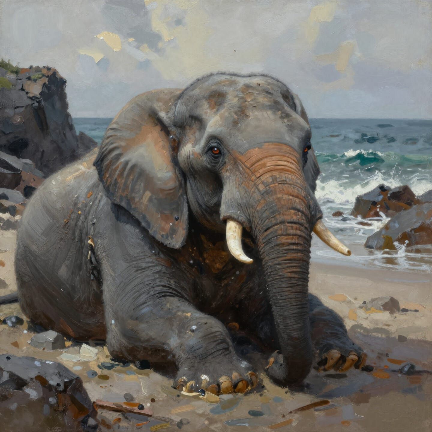 Powerful Elephant Seal Portrait in Rich Oil Painting Style