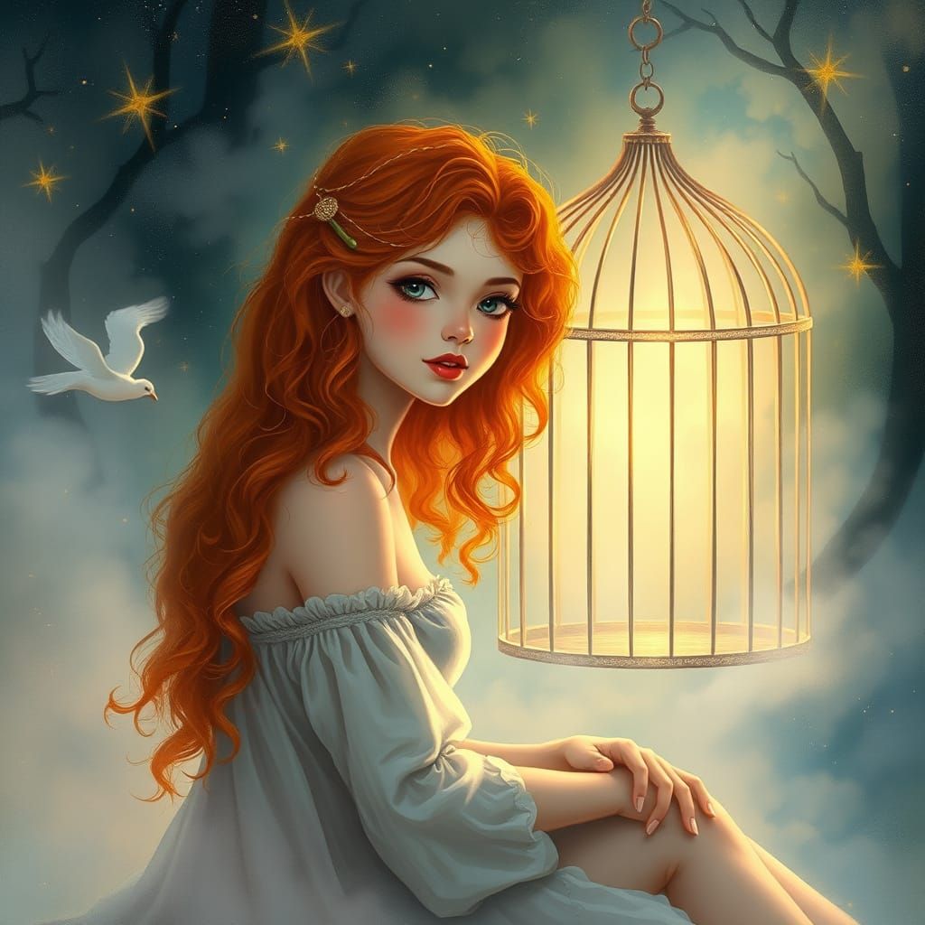 Red-Haired Woman Beside Empty Birdcage in Misty Fantasy Worl...